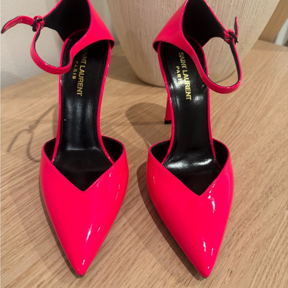 Saint Laurent Neon Pink Patent Pointed-Toe Ankle-Strap Pumps